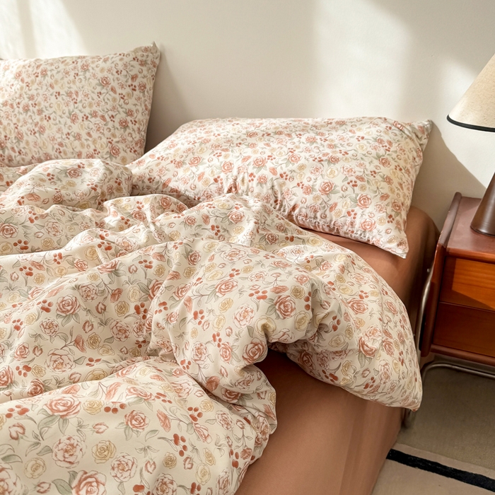 91家纺网 家纺一手货源 找家纺 漫仙阁家纺 2025年爆款新品有氧双层纱四件套-碎花 薄雾玫瑰-橙