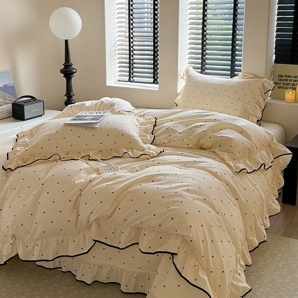 91家纺网 家纺一手货源 找家纺 琳可家居 2025新款韩版花边双面全棉床盖三件套-波点 波点-烛光黄