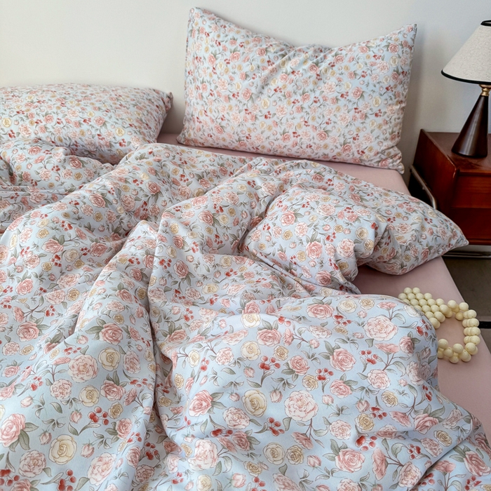 91家纺网 家纺一手货源 找家纺 漫仙阁家纺 2025年爆款新品有氧双层纱四件套-碎花 薄雾玫瑰-蓝