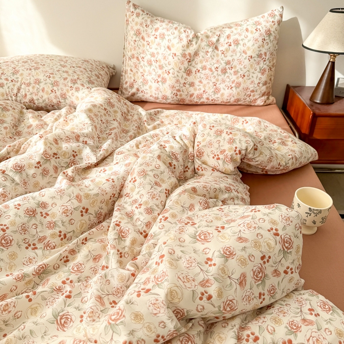 91家纺网 家纺一手货源 找家纺 漫仙阁家纺 2025年爆款新品有氧双层纱四件套-碎花 薄雾玫瑰-橙