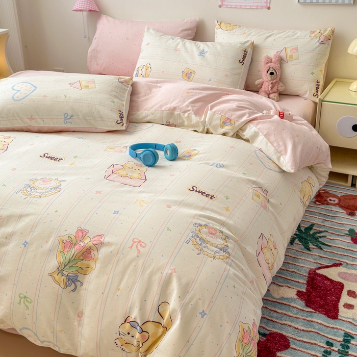 91家纺网 家纺一手货源 找家纺 曼之夏 2025新款全棉印花四件套 萌萌猫咪