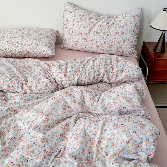 91家纺网 家纺一手货源 找家纺 漫仙阁家纺 2025年爆款新品有氧双层纱四件套-碎花 薄雾玫瑰-蓝