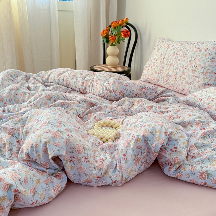 91家纺网 家纺一手货源 找家纺 漫仙阁家纺 2025年爆款新品有氧双层纱四件套-碎花 薄雾玫瑰-蓝