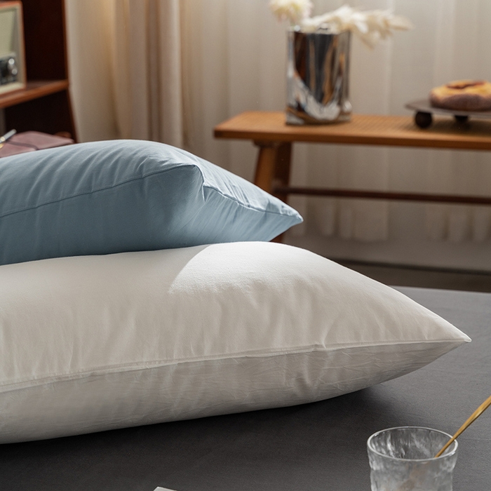 91家纺网 家纺一手货源 找家纺 雅居纺家纺 2025新款全棉素色水洗棉单枕套 白+浅蓝