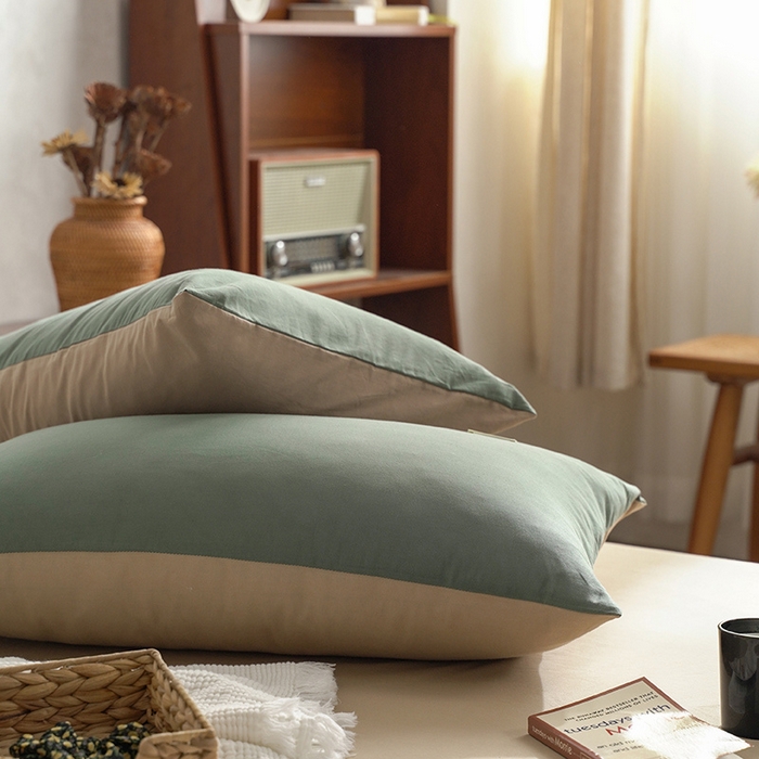 91家纺网 家纺一手货源 找家纺 雅居纺家纺 2025新款全棉素色水洗棉单枕套 墨子绿卡其