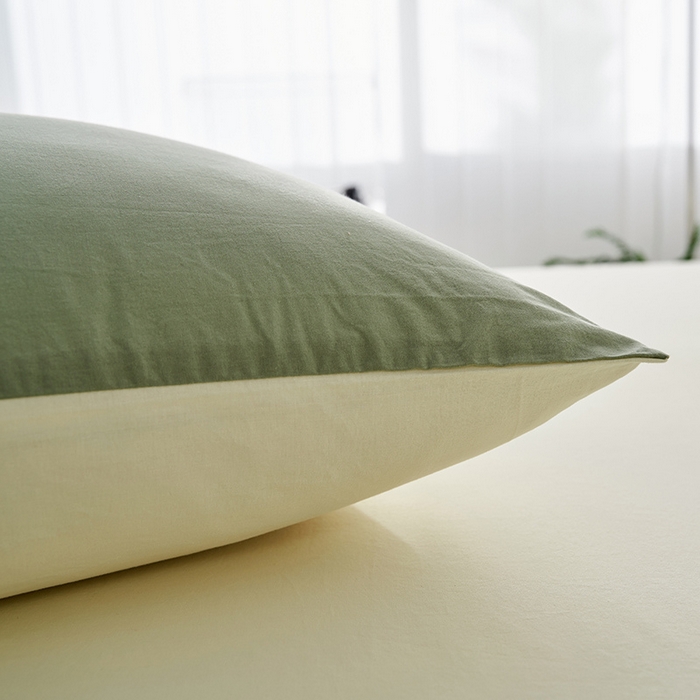 91家纺网 家纺一手货源 找家纺 雅居纺家纺 2025新款全棉素色水洗棉单枕套 豆绿米黄