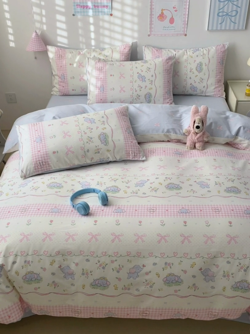 91家纺网 家纺一手货源 找家纺 曼之夏 2025新款全棉印花四件套 花环小象