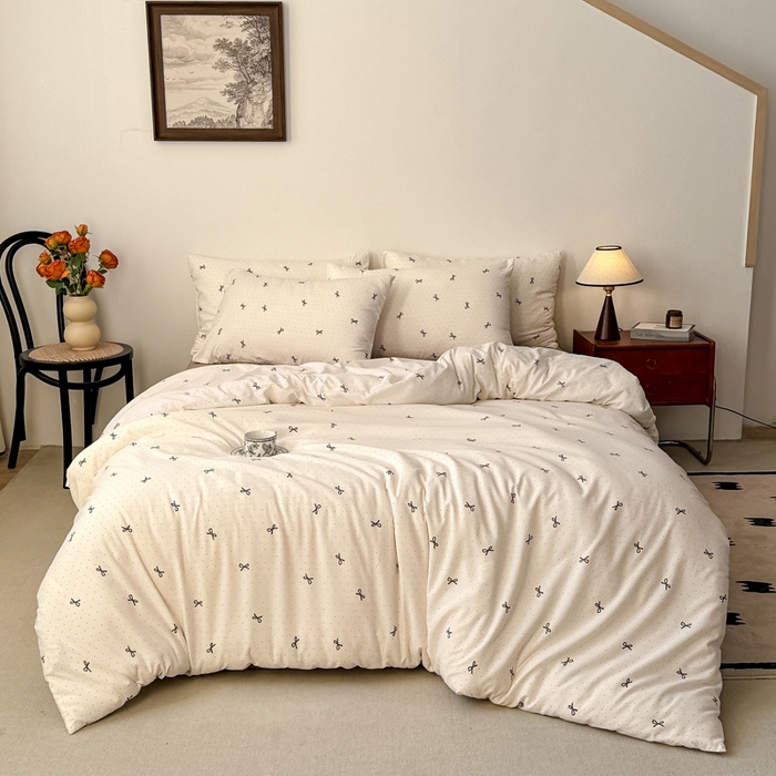 91家纺网 家纺一手货源 找家纺 漫仙阁家纺 2025年爆款新品有氧双层纱四件套-碎花 蝴蝶可颂-咖