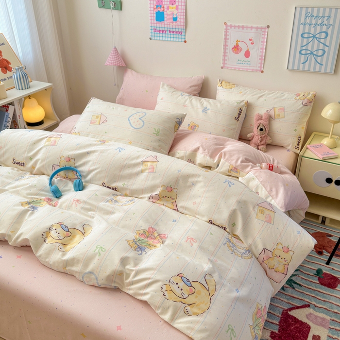 91家纺网 家纺一手货源 找家纺 曼之夏 2025新款全棉印花四件套 萌萌猫咪