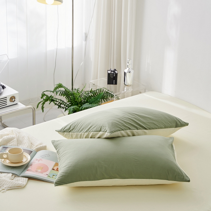 91家纺网 家纺一手货源 找家纺 雅居纺家纺 2025新款全棉素色水洗棉单枕套 豆绿米黄