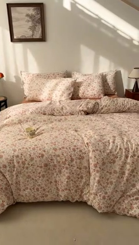 91家纺网 家纺一手货源 找家纺 漫仙阁家纺 2025年爆款新品有氧双层纱四件套-碎花 薄雾玫瑰-橙