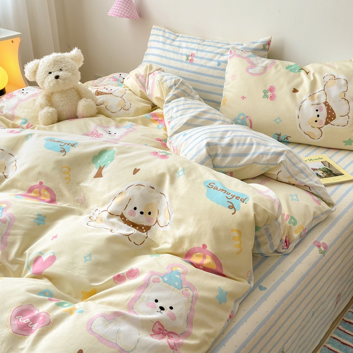 91家纺网 家纺一手货源 找家纺 曼之夏 2025新款全棉印花四件套 可爱比熊狗