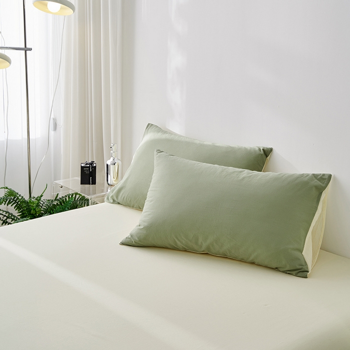 91家纺网 家纺一手货源 找家纺 雅居纺家纺 2025新款全棉素色水洗棉单枕套 豆绿米黄