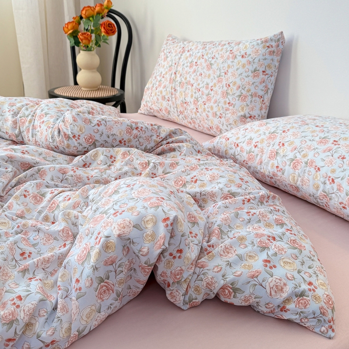 91家纺网 家纺一手货源 找家纺 漫仙阁家纺 2025年爆款新品有氧双层纱四件套-碎花 薄雾玫瑰-蓝