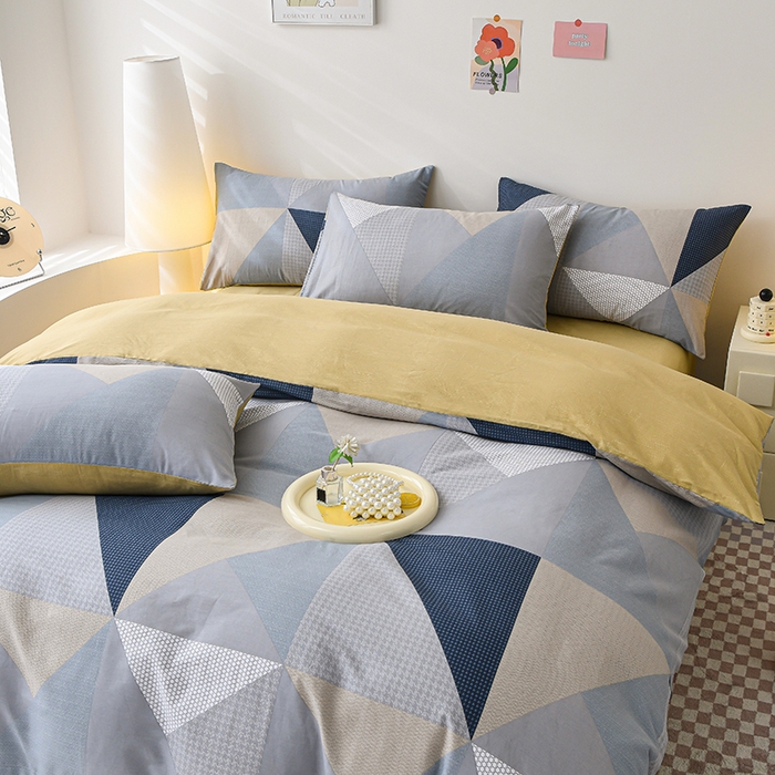 91家纺网 家纺一手货源 找家纺 宇彬家纺 2026直播新款13070全棉纯棉印花床单床笠款四件套和单被套喷气清新简约（缩水足可定做） 多彩三角