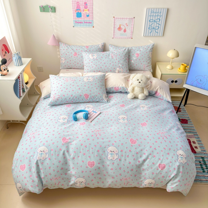 91家纺网 家纺一手货源 找家纺 曼之夏 2025新款全棉印花四件套 蝴蝶结小狗