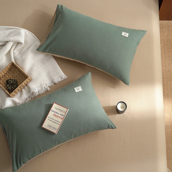 91家纺网 家纺一手货源 找家纺 雅居纺家纺 2025新款全棉素色水洗棉单枕套 墨子绿卡其