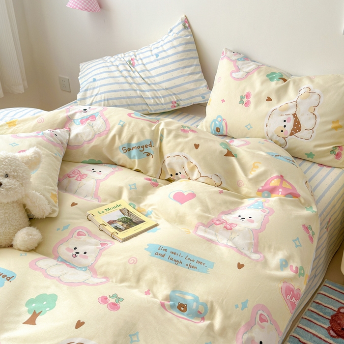 91家纺网 家纺一手货源 找家纺 曼之夏 2025新款全棉印花四件套 可爱比熊狗