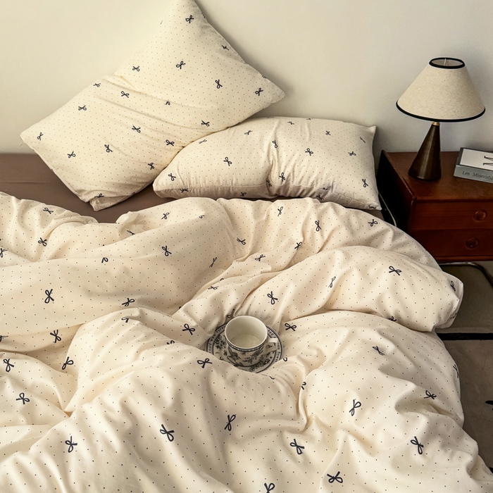 91家纺网 家纺一手货源 找家纺 漫仙阁家纺 2025年爆款新品有氧双层纱四件套-碎花 蝴蝶可颂-咖