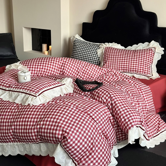91家纺网 家纺一手货源 找家纺 MIU缪家居 2025新款100支全棉磨毛四件套-漫时光 漫时光-红白格