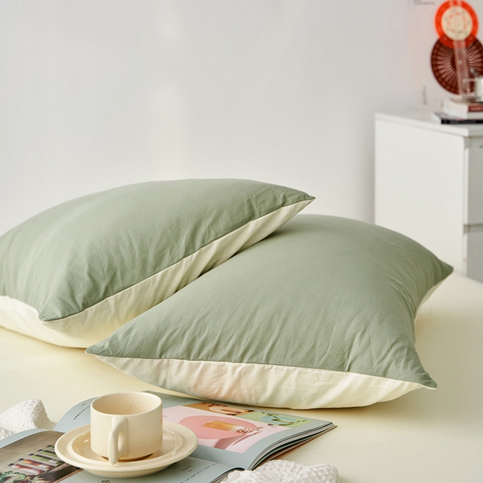 91家纺网 家纺一手货源 找家纺 雅居纺家纺 2025新款全棉素色水洗棉单枕套 豆绿米黄