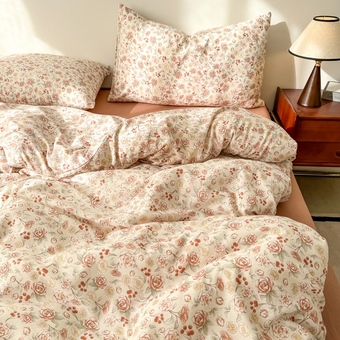 91家纺网 家纺一手货源 找家纺 漫仙阁家纺 2025年爆款新品有氧双层纱四件套-碎花 薄雾玫瑰-橙