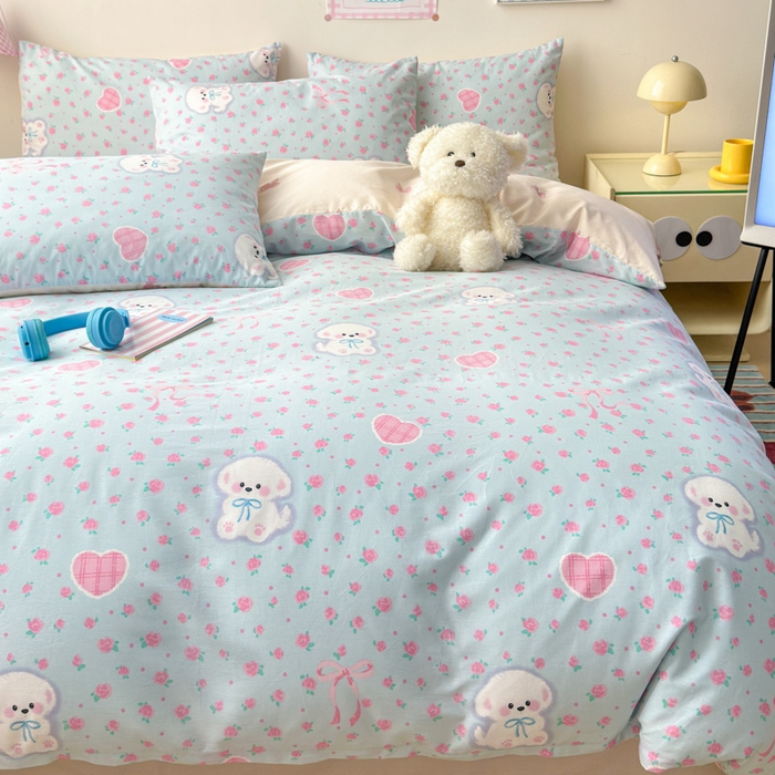 91家纺网 家纺一手货源 找家纺 曼之夏 2025新款全棉印花四件套 蝴蝶结小狗