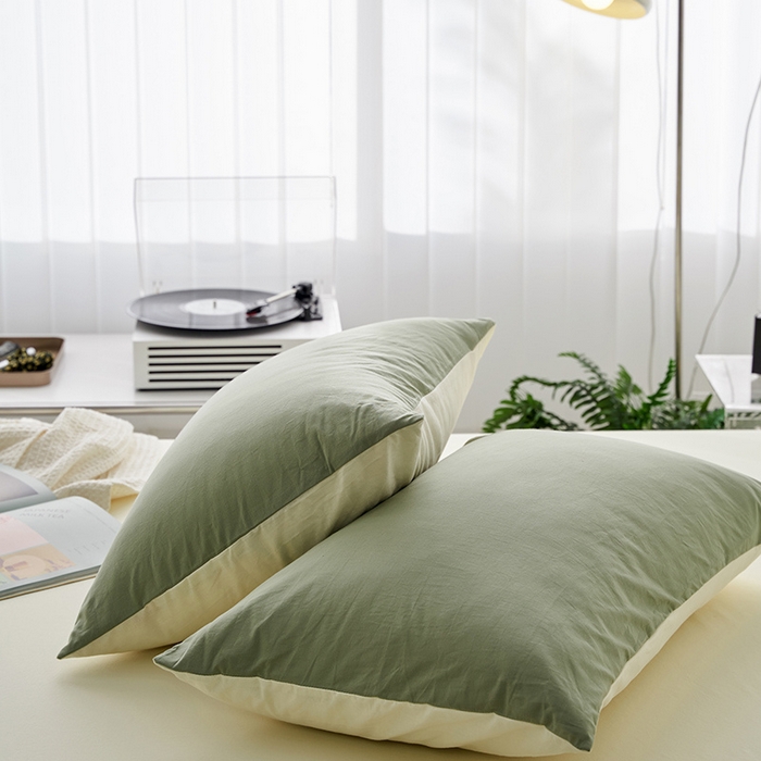 91家纺网 家纺一手货源 找家纺 雅居纺家纺 2025新款全棉素色水洗棉单枕套 豆绿米黄