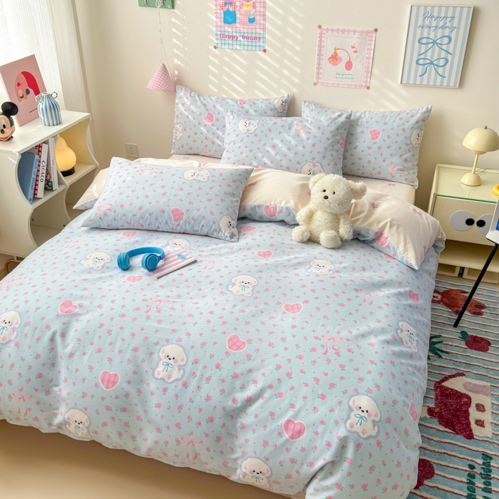 91家纺网 家纺一手货源 找家纺 曼之夏 2025新款全棉印花四件套 蝴蝶结小狗