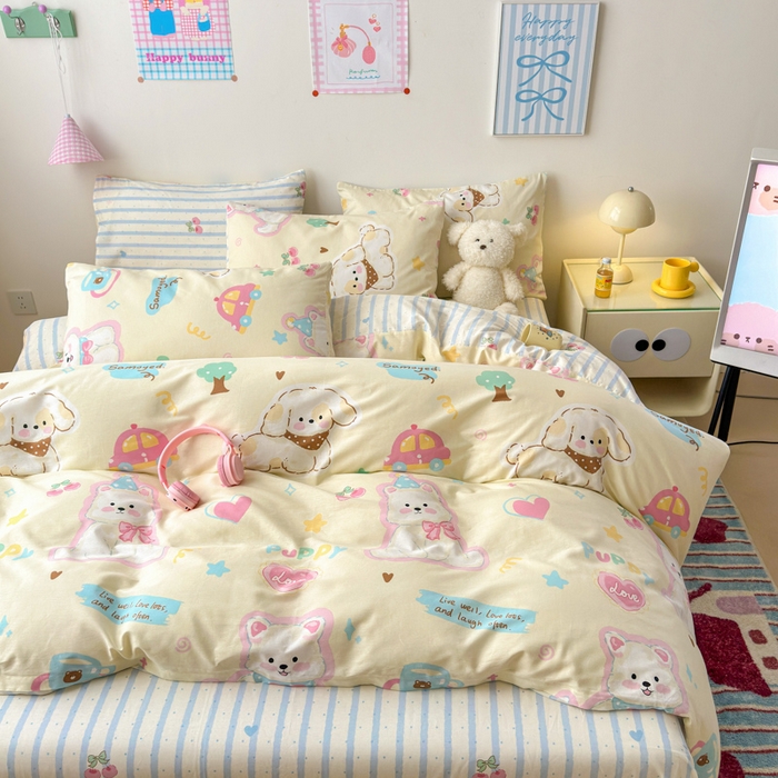 91家纺网 家纺一手货源 找家纺 曼之夏 2025新款全棉印花四件套 可爱比熊狗