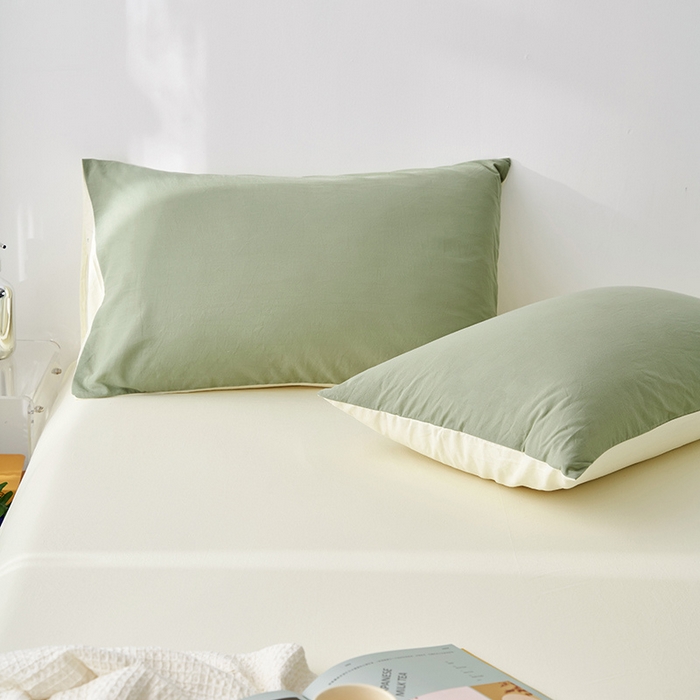 91家纺网 家纺一手货源 找家纺 雅居纺家纺 2025新款全棉素色水洗棉单枕套 豆绿米黄