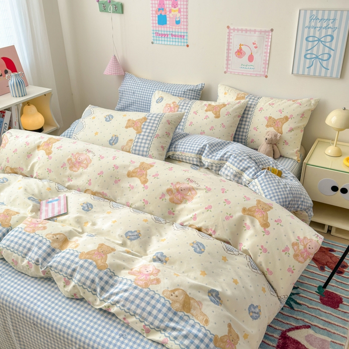 91家纺网 家纺一手货源 找家纺 曼之夏 2025新款全棉印花四件套 少女熊