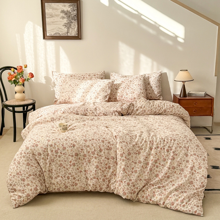 91家纺网 家纺一手货源 找家纺 漫仙阁家纺 2025年爆款新品有氧双层纱四件套-碎花 薄雾玫瑰-橙