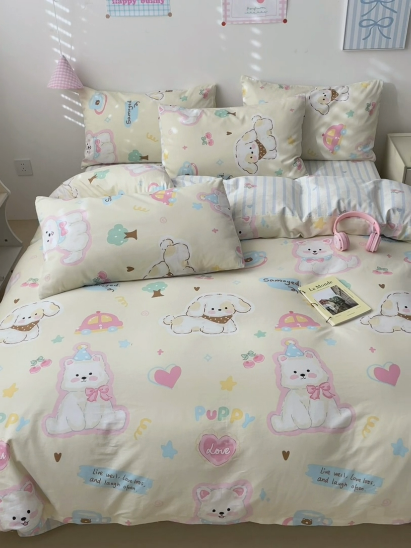 91家纺网 家纺一手货源 找家纺 曼之夏 2025新款全棉印花四件套 可爱比熊狗