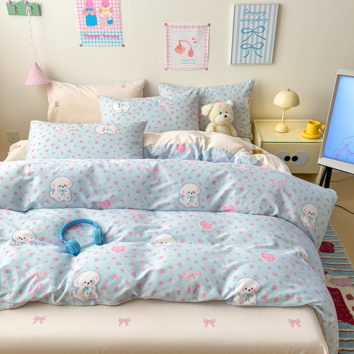 91家纺网 家纺一手货源 找家纺 曼之夏 2025新款全棉印花四件套 蝴蝶结小狗