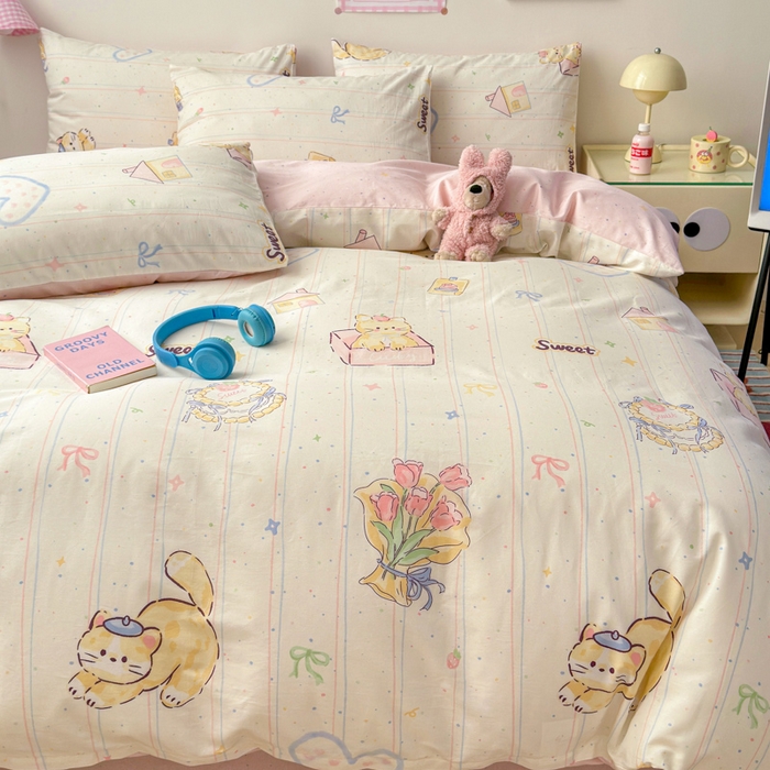 91家纺网 家纺一手货源 找家纺 曼之夏 2025新款全棉印花四件套 萌萌猫咪