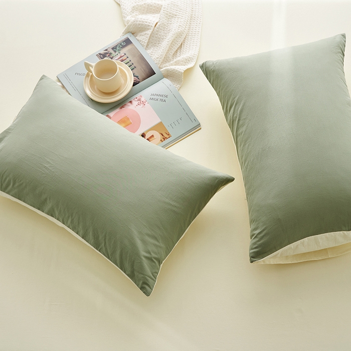 91家纺网 家纺一手货源 找家纺 雅居纺家纺 2025新款全棉素色水洗棉单枕套 豆绿米黄