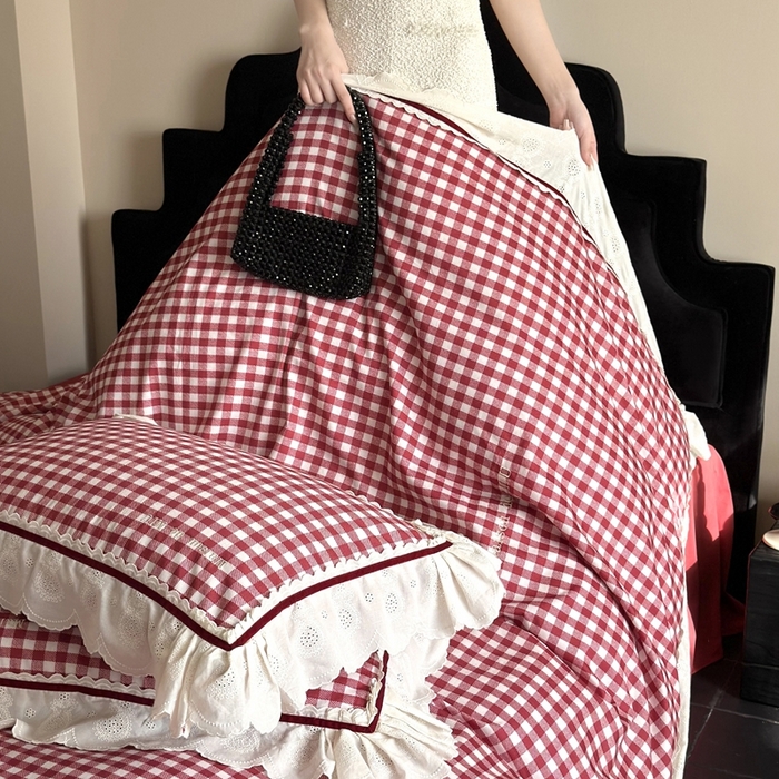 91家纺网 家纺一手货源 找家纺 MIU缪家居 2025新款100支全棉磨毛四件套-漫时光 漫时光-红白格