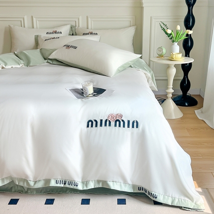 91家纺网 家纺一手货源 找家纺 （买家秀 爆款不断货）A类母婴级兰精天丝刺绣四件套兰精水洗天丝四件套高端莱赛尔天丝床上用品四件套真丝 缪缪-白绿