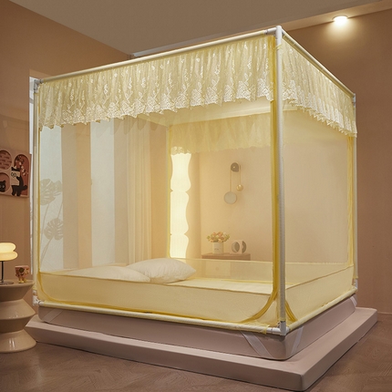 艺利轩蚊帐 2025新款大空间防摔外穿杆坐床蚊帐-繁花 繁花 米黄