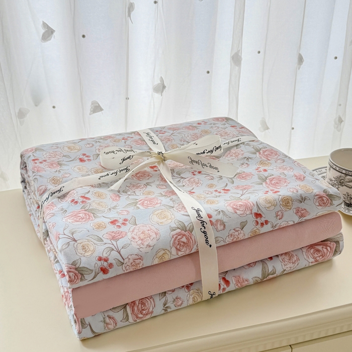 91家纺网 家纺一手货源 找家纺 2025年爆款新品有氧双层纱四件套叠图全系薄雾玫瑰-蓝