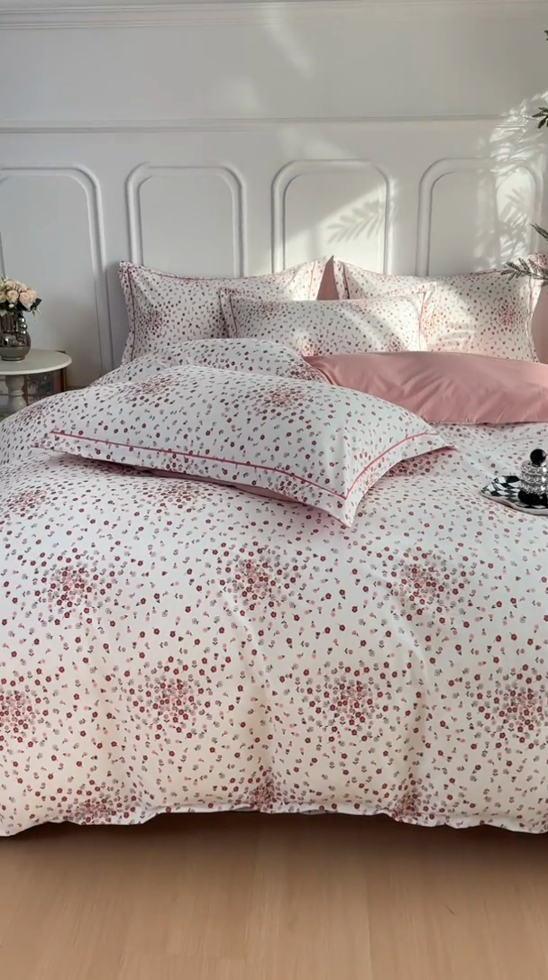 91家纺网 家纺一手货源 找家纺 雅慕家居 2025新款A类碎花水润棉磨毛四件套 粉粉小花