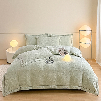 （买家秀爆款不断货）A类母婴级牛奶绒雕花四件套珊瑚绒小香风牛奶绒四件套雪花绒四件套雕花绒四件套压线款 蔷薇恋人-绿色