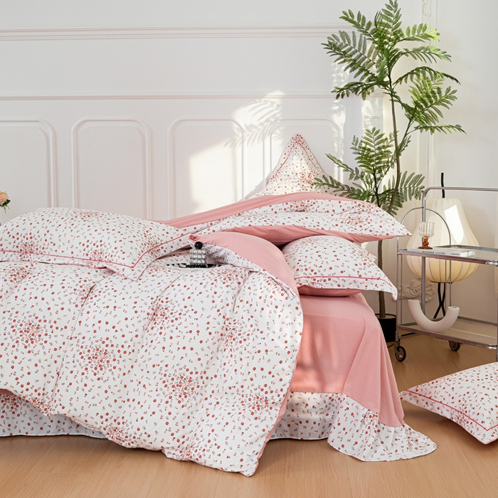 91家纺网 家纺一手货源 找家纺 雅慕家居 2025新款A类碎花水润棉磨毛四件套 粉粉小花