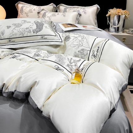 91家纺网 家纺一手货源 找家纺 （买家秀 爆款花型不断货）A类母婴级兰精天丝四件套兰精水洗天丝四件套高端莱赛尔天丝床上用品四件套真丝 原野-奶白