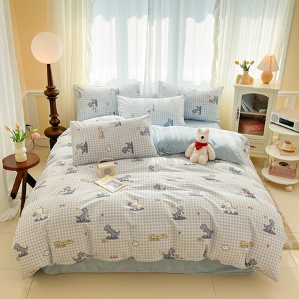 麦伦家居 2025秋冬新品多功能床品全棉+牛奶绒印花四件套 恐龙宝贝-蓝