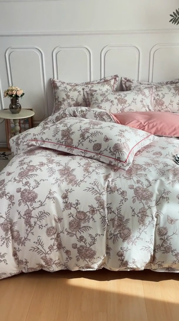 91家纺网 家纺一手货源 找家纺 雅慕家居 2025新款A类碎花水润棉磨毛四件套 国色玉香