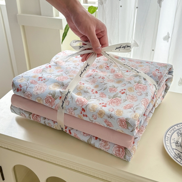 91家纺网 家纺一手货源 找家纺 2025年爆款新品有氧双层纱四件套叠图全系薄雾玫瑰-蓝