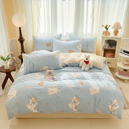 91家纺网 家纺一手货源 找家纺 麦伦家居 2025秋冬新品多功能床品全棉+牛奶绒印花四件套 猫咪酱