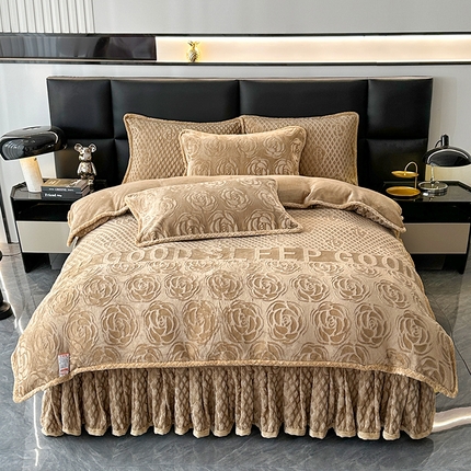 91家纺网 家纺一手货源 找家纺 （买家秀爆款不断货）A类母婴级8D牛奶雕花绒四件套珊瑚绒四件套雪花绒四件套花卉雕花牛奶绒四件套北欧风 挚爱-卡其